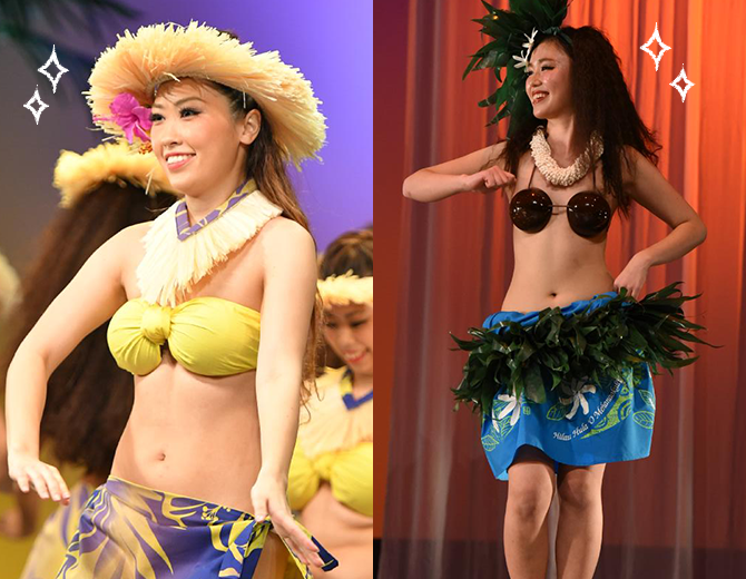 キャミソールに色鮮やかなパレオ、ティアレの髪飾り。タヒチアンダンスは練習着も、とってもキュート。